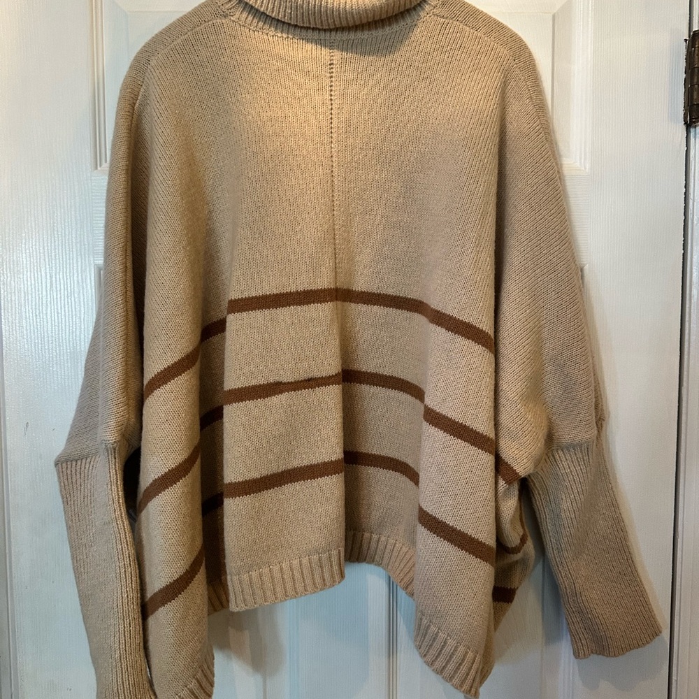 Cozy Beige Striped Turtleneck Sweater